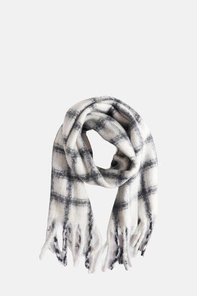 Écharpe d'hiver blanche de Guess avec un motif de lunettes et des franges.