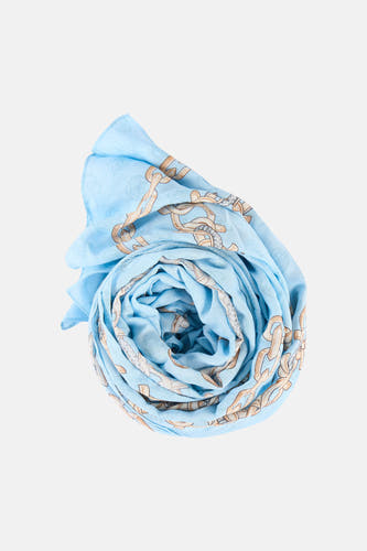 Blauwe zomersjaal van Guess, met een kettingpatroon en subtiele logo-opdruk.