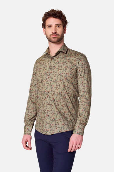 Chemise verte à manches longues de Bruce & Butler, avec un motif floral et une fermeture à boutons.