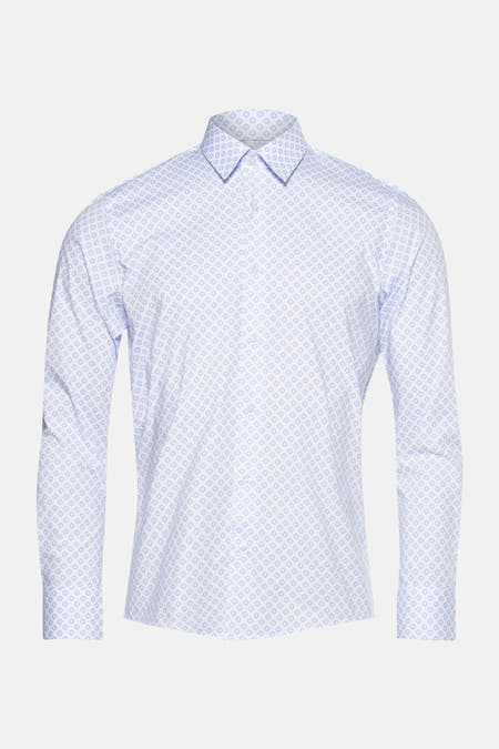 Blauw overhemd met lange mouwen van Bruce & Butler, met een fijn ruitpatroon en knoopsluiting.
