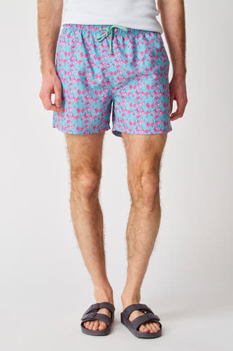 Maillot de bain bleu de Bruce & Butler avec imprimé de fleurs roses, vu de derrière.