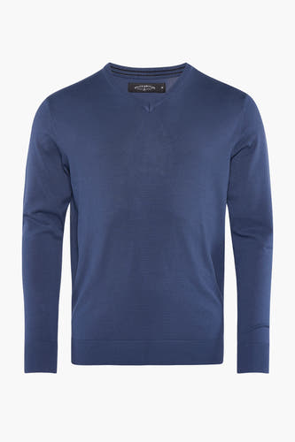 Pull bleu à col en V de Bruce & Butler, uni tricoté et à manches longues.