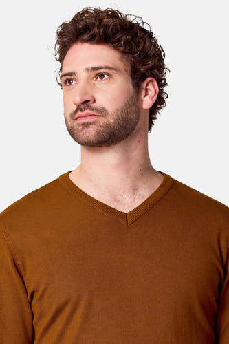 Sweat à col V brun de Bruce & Butler, plan rapproché d'un homme aux cheveux bouclés.