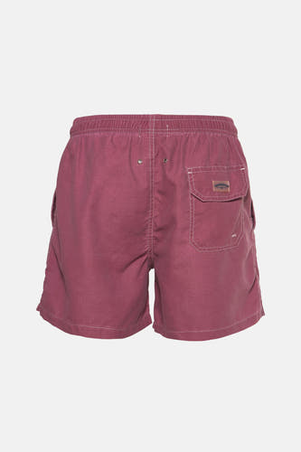 Maillot de bain Bordeaux de Bruce & Butler, avec une ceinture élastique et une poche à étiquette sur la jambe droite.