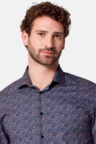 Chemise noire à manches longues de Bruce & Butler, avec un motif floral fin dans différentes couleurs.
