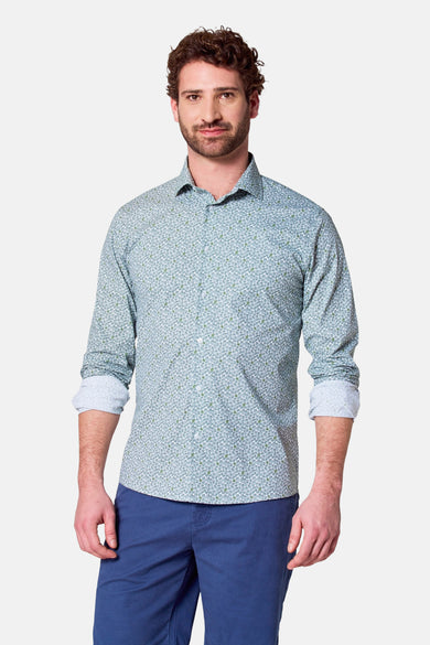 Groen overhemd met lange mouwen van Bruce & Butler, met een fijn patroon en opgerolde mouwen.
