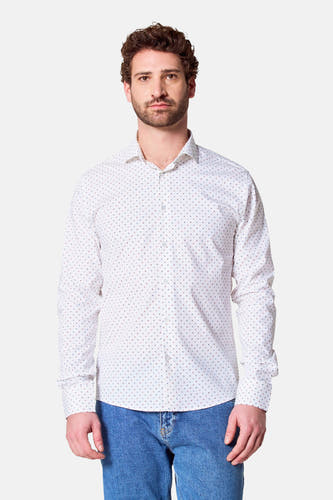 Chemise blanche à manches longues de Bruce & Butler, avec un petit motif carré en rouge et bleu sur le dos.
