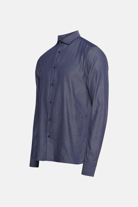 Blauw herenoverhemd met lange mouwen en motief.