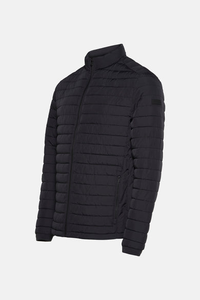 Manteau court noir de Bruce & Butler, avec des coutures horizontales et une poche à glissière sur le côté.