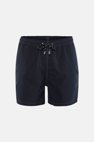 Short de bain noir Bruce & Butler avec taille élastique, surpiqûres contrastées blanches et cordon de serrage avec embouts métalliques.