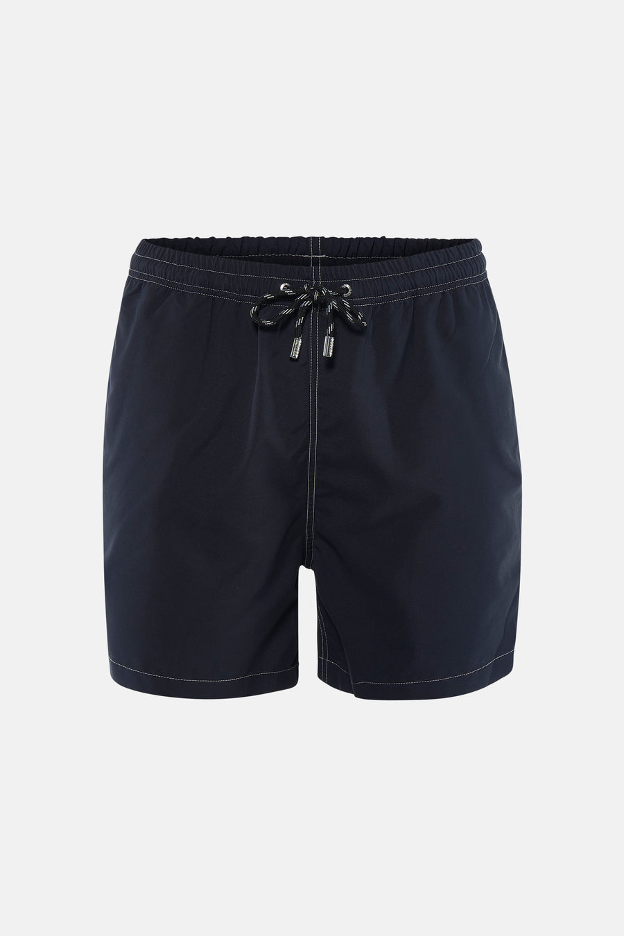 Short de bain noir Bruce & Butler avec taille élastique, surpiqûres contrastées blanches et cordon de serrage avec embouts métalliques.