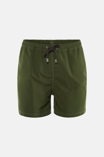 Short de bain vert de Bruce & Butler avec taille élastique, cordon de serrage avec embouts métalliques et coutures blanches.