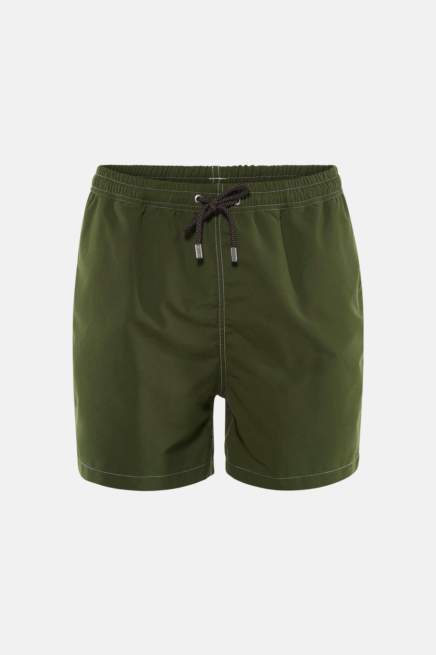 Short de bain vert de Bruce & Butler avec taille élastique, cordon de serrage avec embouts métalliques et coutures blanches.