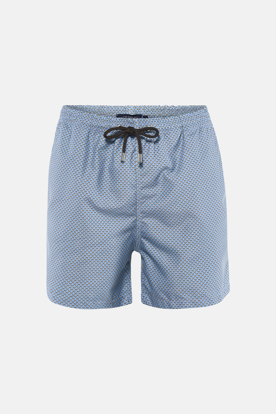 Short de bain bleu clair de Bruce & Butler avec un motif géométrique fin et un cordon de serrage tressé foncé avec embouts métalliques.