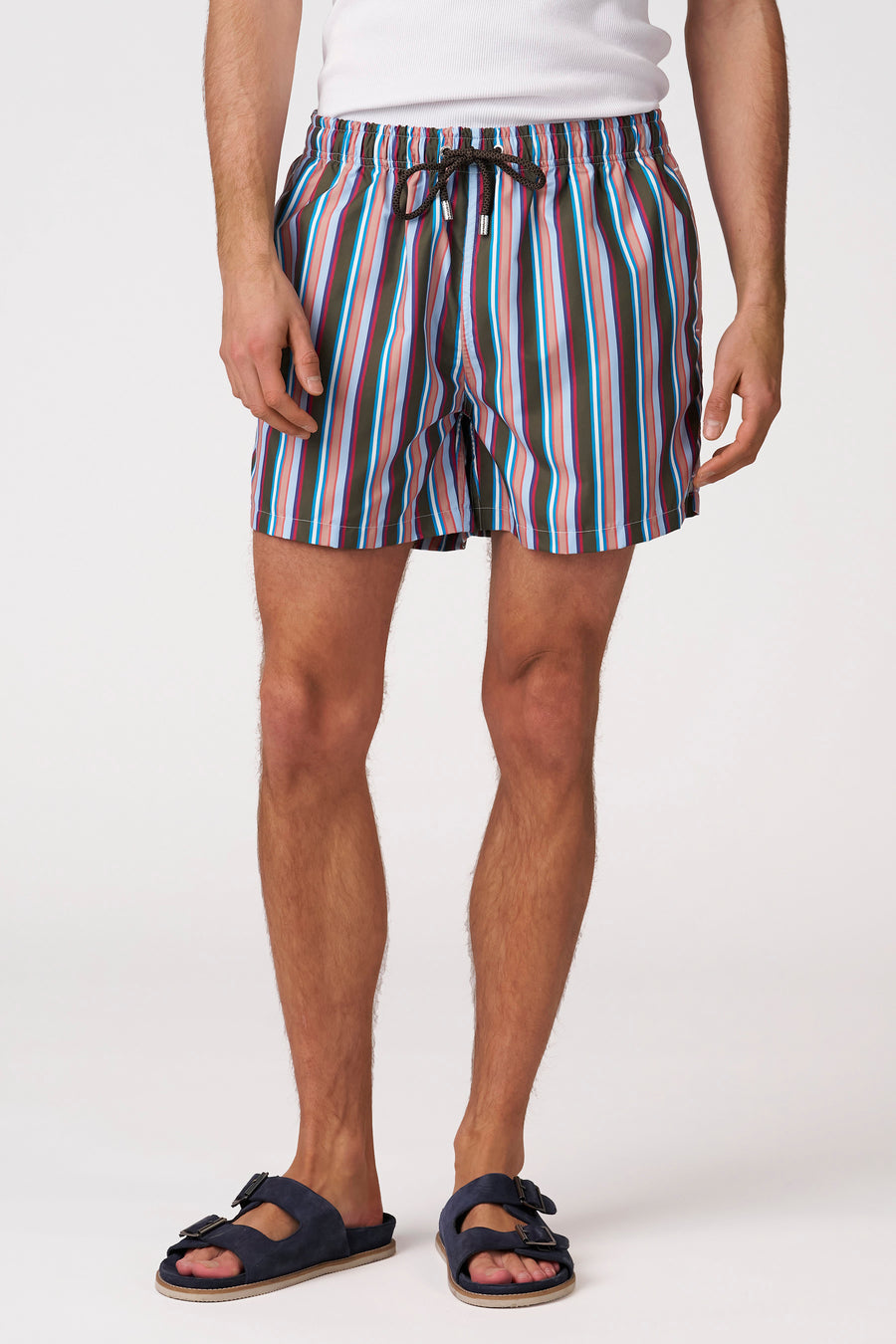 Short de bain multicolore à rayures verticales de la marque Bruce & Butler, doté d'un cordon de serrage foncé et d'une taille élastique, porté par un homme avec des sandales.