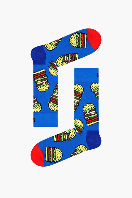 Chaussettes bleues avec motif hamburger de Happy Socks, bout rouge et talon bleu foncé, vue à plat