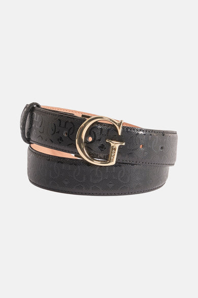 Ceinture noire de Guess, avec logo imprimé et fermoir 'G' doré.