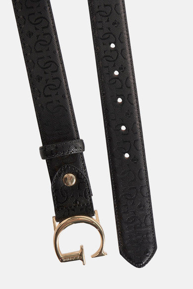 Ceinture noire de Guess avec une boucle dorée et un motif de logos.