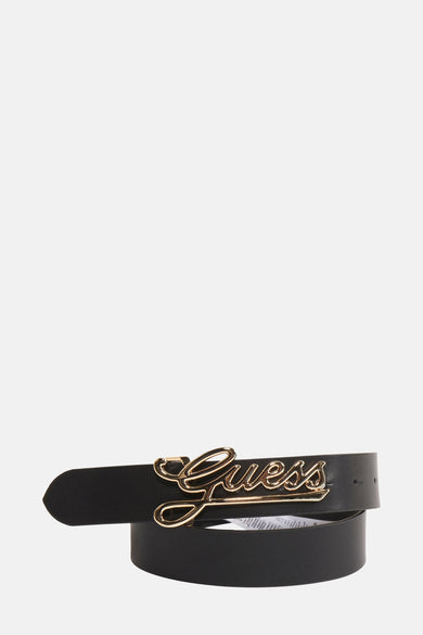 Ceinture noire de Guess avec un logo 'Guess' en métal doré sur l'avant.