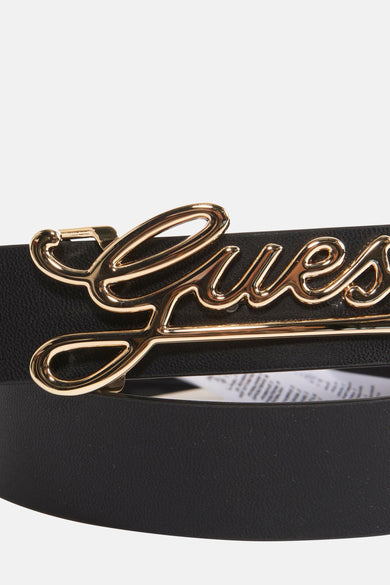 Ceinture noire de Guess avec logo "Guess" en or comme boucle décorative.