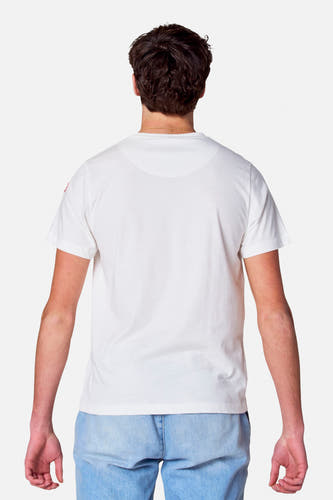 Wit T-shirt met korte mouwen van Cyclo Club Marcel, gezien van achteren, gedragen met een lichtblauwe jeans.
