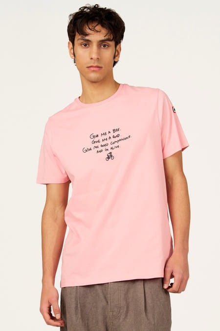 Roze T-shirt met korte mouwen van Cyclo Club Marcel, met tekstprint en een kleine fietsafbeelding.