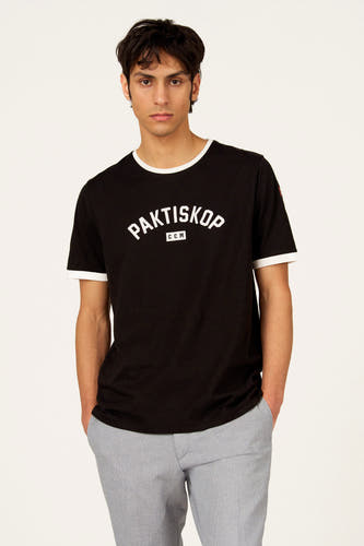 T-shirt noir à manches courtes de Cyclo Club Marcel, avec passepoil blanc aux manches et à l'encolure, vu de dos.