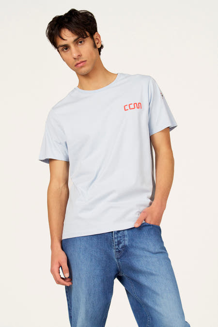 Blauw T-shirt met korte mouwen van Cyclo Club Marcel, met een klein rood logo op de borst.