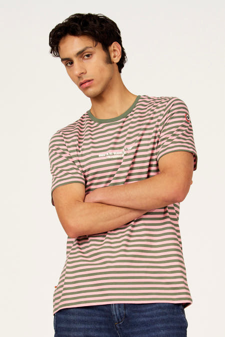 Multicolor T-shirt met korte mouwen van Cyclo Club Marcel, met roze en kaki strepen.