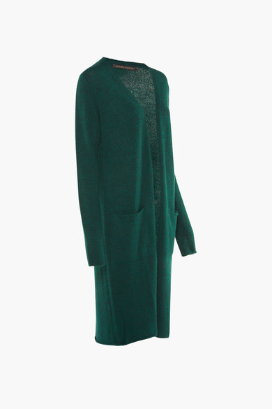Gilet vert de COPINES D'ANVERS, avec des manches longues et des poches, sur un fond blanc.