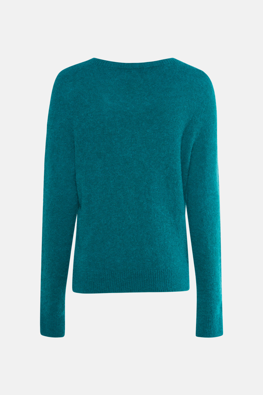 Turquoise wollen trui met lange mouwen.
