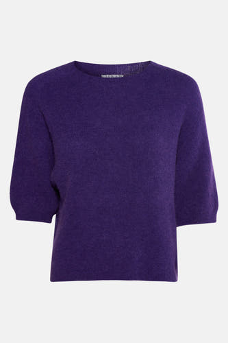 Sweat-shirt marron avec col rond de Clouds of Fashion, à manches courtes et texture tricotée.