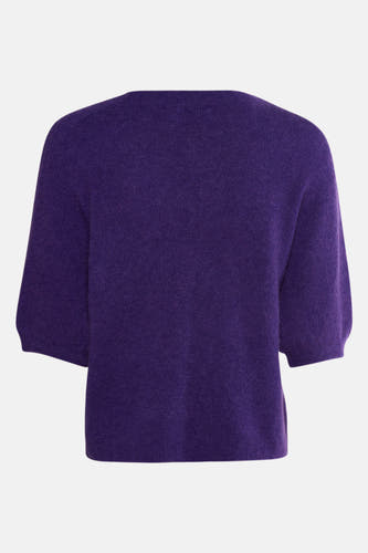 Pull marron avec col rond de Clouds of Fashion, manches courtes et texture fine tr tricotée.
