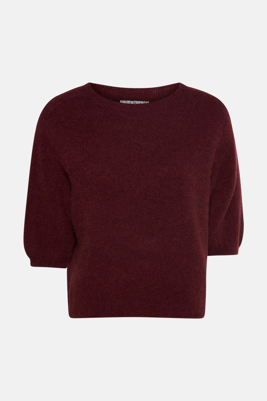 Pull Bordeaux à col rond de Clouds of Fashion, avec de courtes manches bouffantes et une texture fine en maille.