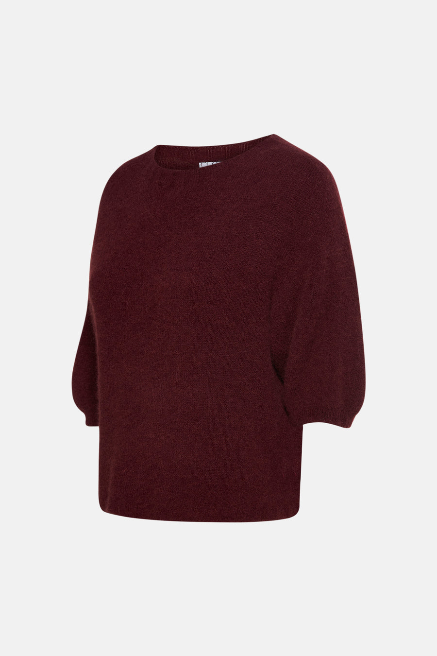 Pull Bordeaux à col rond de Clouds of Fashion, avec de courtes manches bouffantes et une structure en maille fine.
