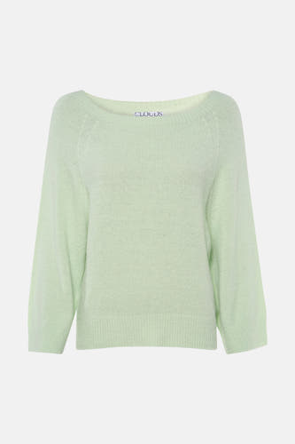 Pull vert clair de Clouds of Fashion avec col rond, texture tricotée duveteuse, manches raglan longues et bords côtelés.