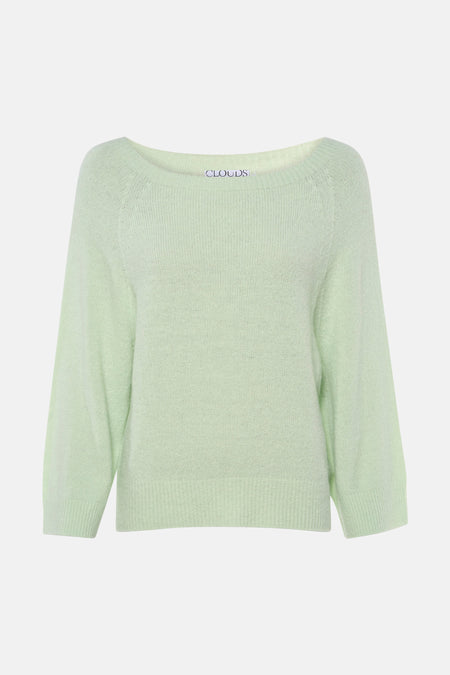Pull vert clair de Clouds of Fashion avec col rond, texture tricotée duveteuse, manches raglan longues et bords côtelés.