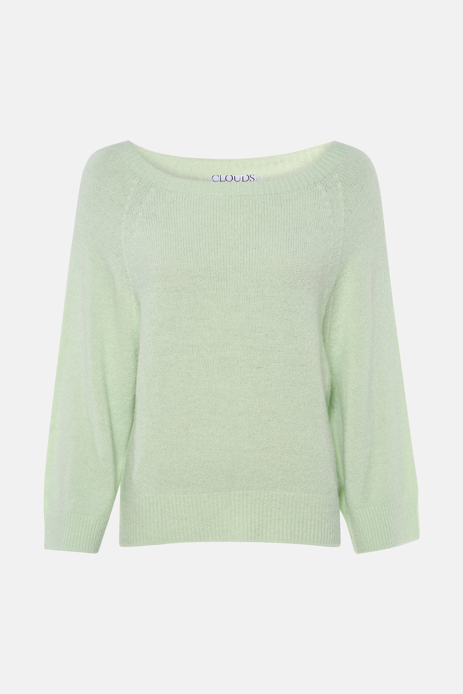 Pull vert clair de Clouds of Fashion avec col rond, texture tricotée duveteuse, manches raglan longues et bords côtelés.
