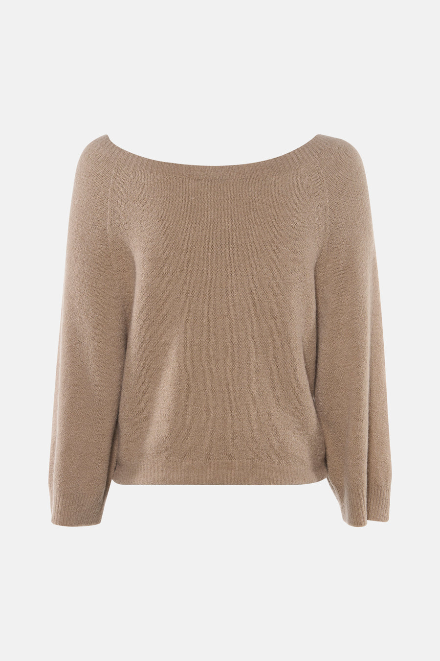 Pull marron à col rond large de Clouds of Fashion, tricoté doux avec des manches raglan et des bords côtelés.