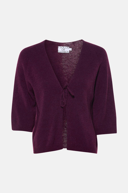 Pull violet à col en V de Clouds of Fashion, avec des manches trois-quarts et une fermeture à nouer sur le devant.