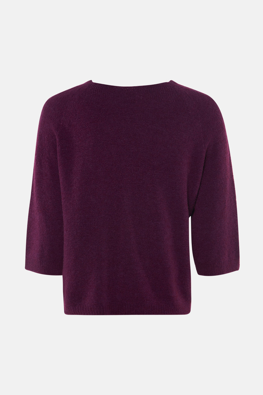 Pull violet col en V de Clouds of Fashion, grosse maille avec manches trois-quarts, vue arrière.