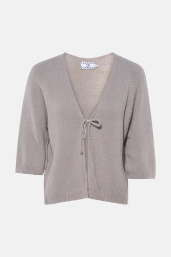 Grijze V-hals trui van Clouds of Fashion met striksluiting en driekwartmouwen.