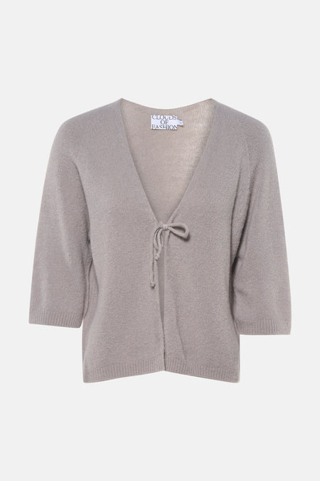 Grijze V-hals trui van Clouds of Fashion met striksluiting en driekwartmouwen.