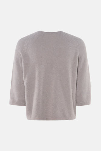 Pull gris à col en V de Clouds of Fashion, tricoté, avec manches trois-quarts et encolure ronde au dos.