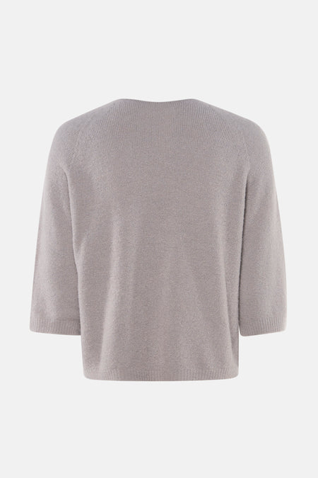 Pull gris à col en V de Clouds of Fashion, tricoté, avec manches trois-quarts et encolure ronde au dos.