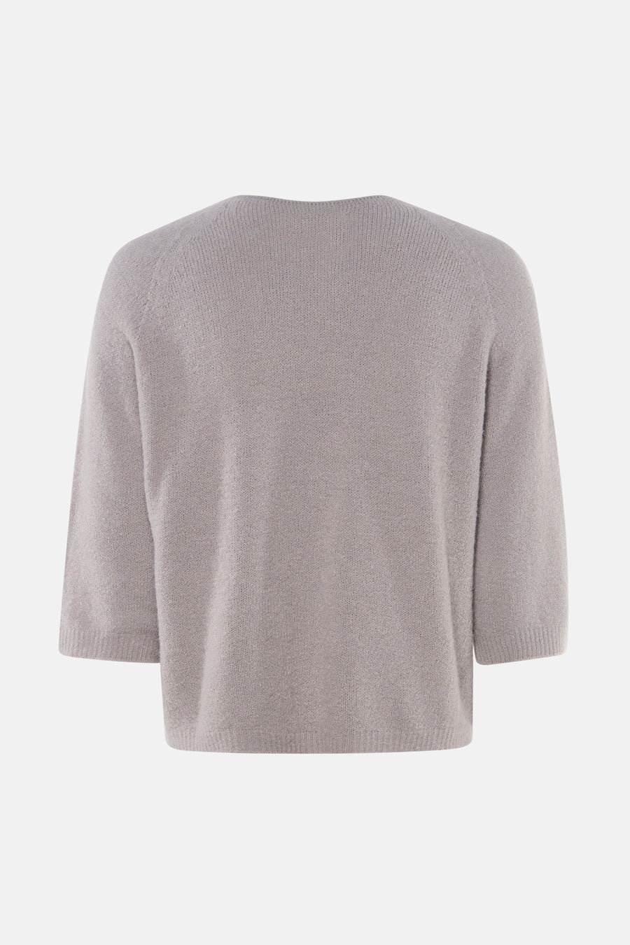 Pull gris à col en V de Clouds of Fashion, tricoté, avec manches trois-quarts et encolure ronde au dos.