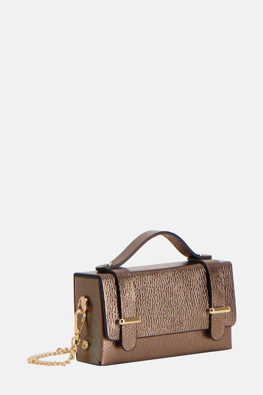 Bronzen handtas met gouden ketting.