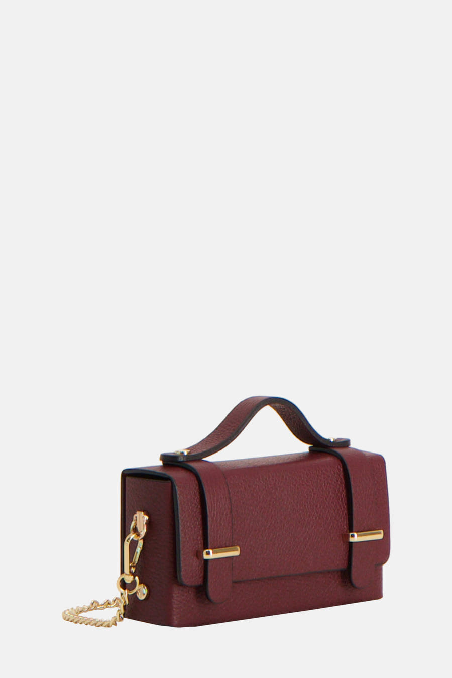 Porte-main Bordeaux de Clouds of Fashion, avec des détails dorés et une chaîne.