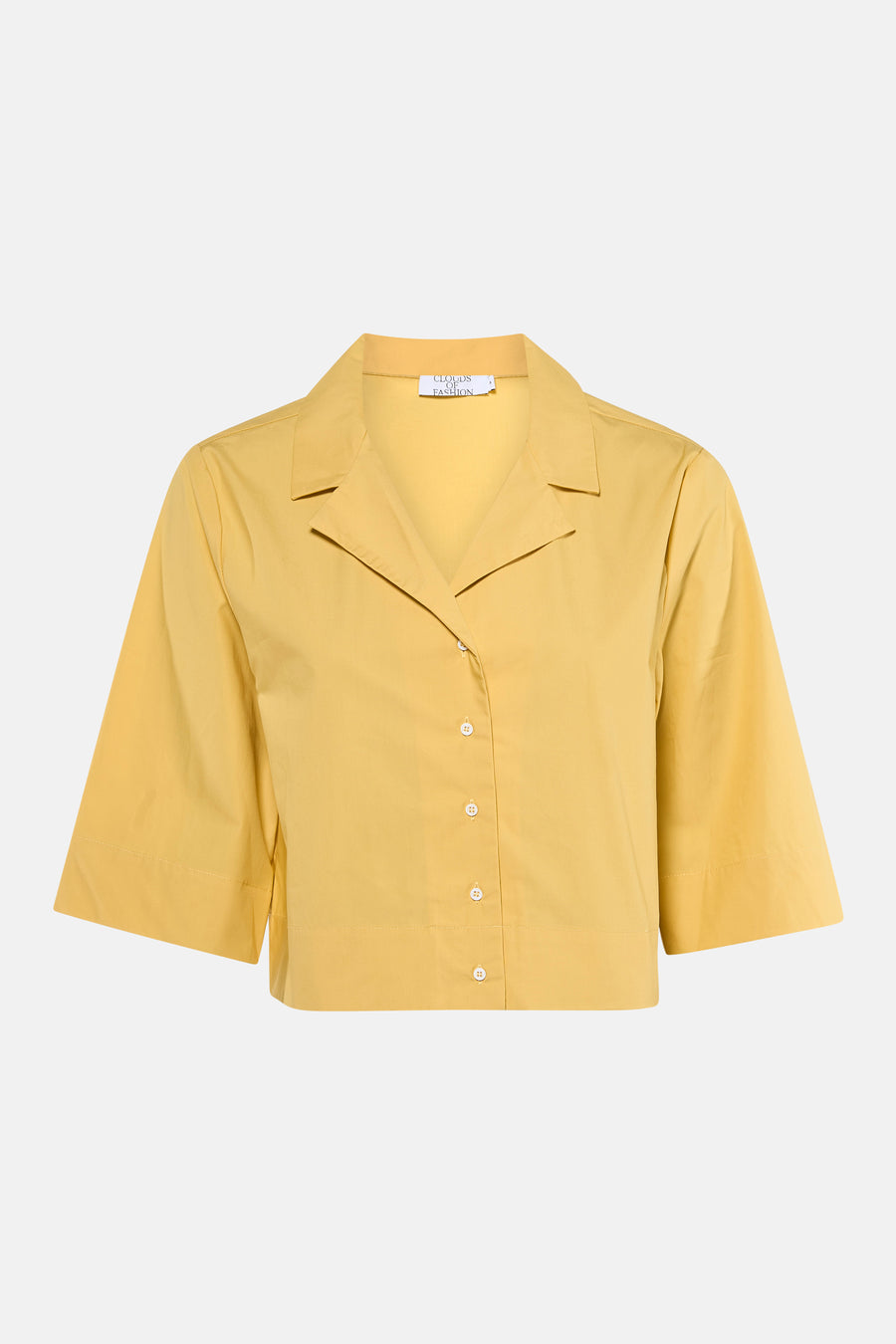 Chemisier jaune à manches trois-quarts de Clouds of Fashion, avec un col classique et une fermeture boutonnée sur le devant.