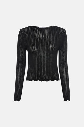 T-shirt noir à manches longues de HAILYS, avec un motif en maille ajourée et un ourlet festonné.